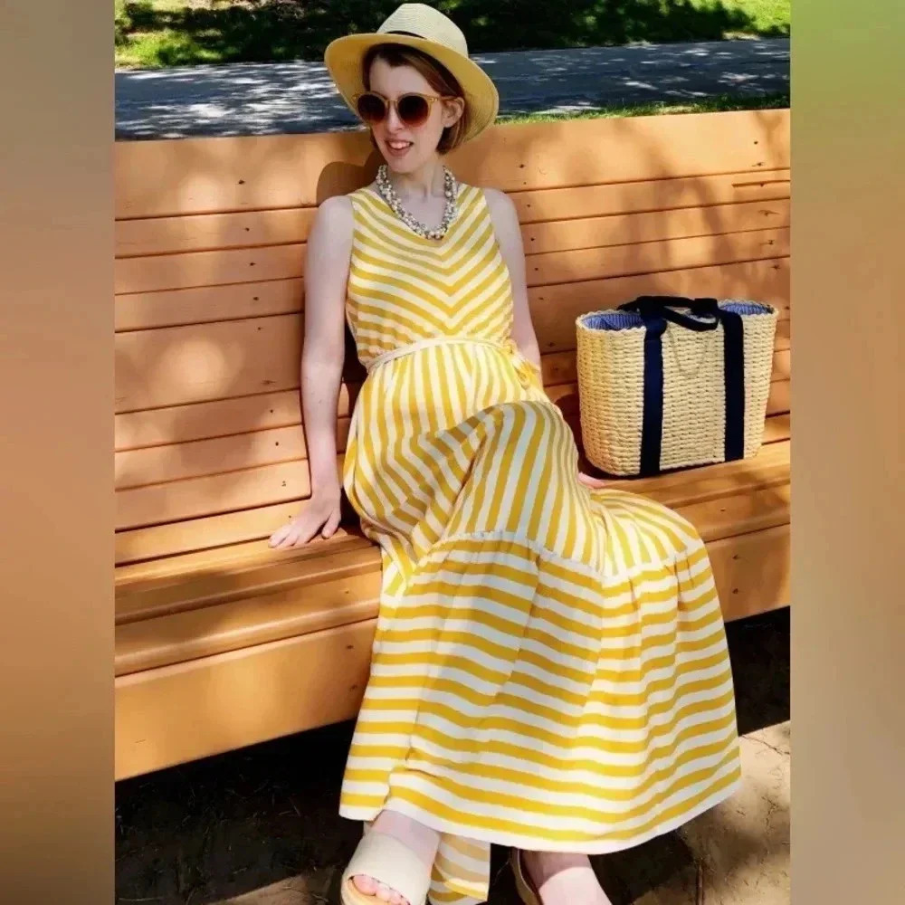 LOFT | Women Mustard/White Striped Chevron Flounce Maxi Dress Size 0P - Picture 6 of 15